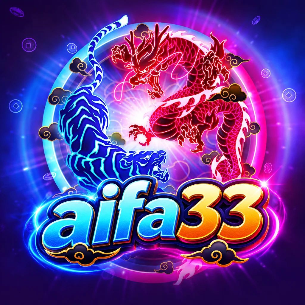 Ilustrasi harimau biru dan naga merah bercahaya neon pada Dragon Tiger Luck aifa33